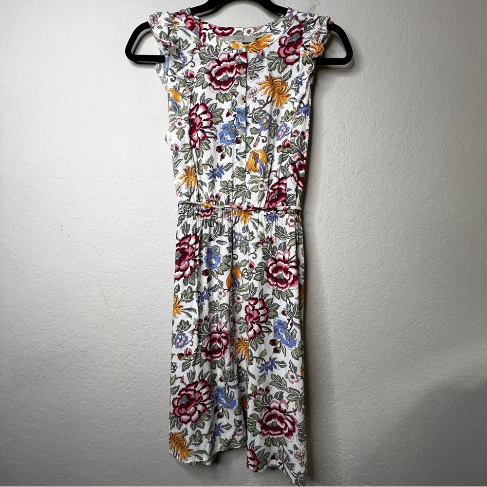 LOFT Floral Print Dress Small Sleeveless Ruffle Tie Waist